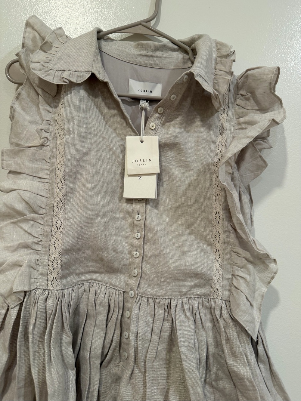 Linen-Blend Cream Ruffle Mini Dress with Button Front - Picture 6 of 7